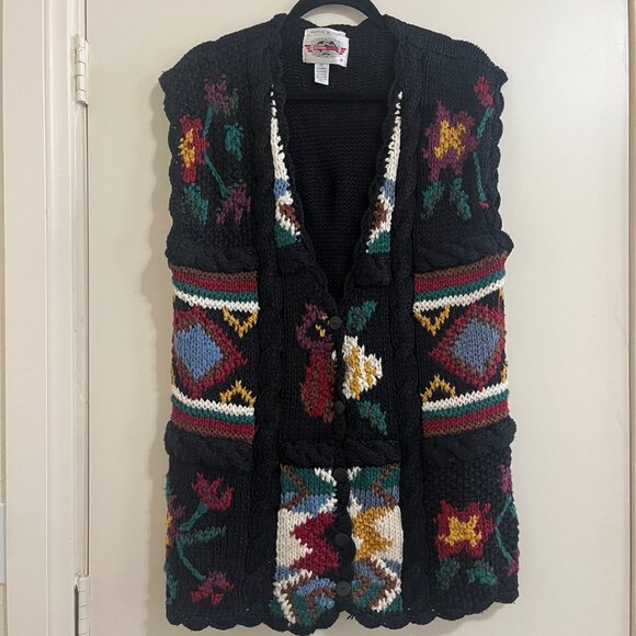 Vtg Hand Knitted Whimsigoth Sweater Vest 1X Folk Art Cottage Eclectic Grandma - Picture 1 of 7